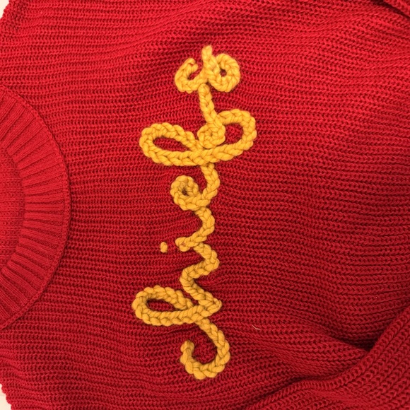 Red Knit Sweater with Yellow Script - Picture 2 of 3